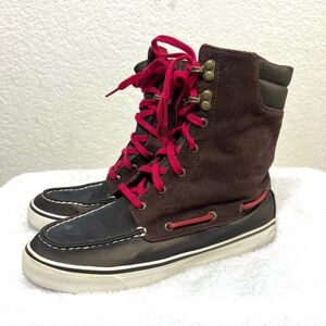 Sperry Brown Corduroy and Satin Boots Red Plaid Lining Size 7